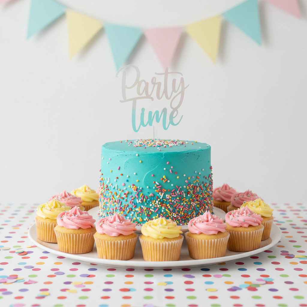A meticulously styled kids’ birthday dessert table centerpiece featuring a single-tier pound cake covered in smooth, bright turquoise frosting, topped with oversized rainbow sprinkles and a simple acrylic “Party Time” topper. Surrounding the cake are coordinated mini cupcakes, each crowned with swirls of pink and yellow frosting and tiny star-shaped sprinkles. The table is covered in a playful polka-dot cloth, with colorful paper confetti scattered loosely. Overhead, a garland of pastel pennant flags dips into the top of the frame. Bright, cheerful studio lighting from both sides eliminates harsh shadows, while a shallow depth of field keeps focus on the cake and immediate treats. Photographic realism, vibrant and fun, capturing an energetic, childlike party mood ideal for showcasing themed dessert table packages.