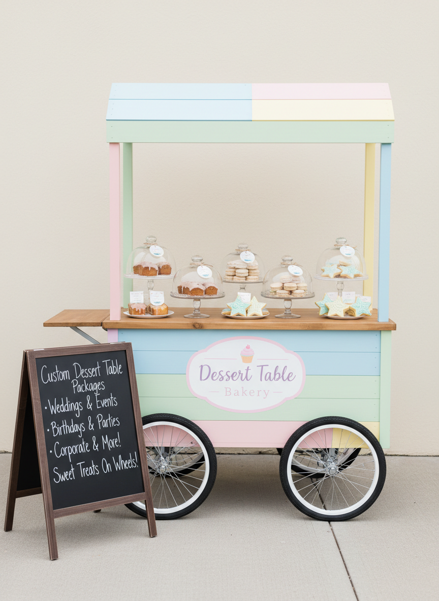 A whimsical mobile bakery setup featuring a compact, pastel-colored dessert cart emblazoned with a playful “Dessert Table Bakery” logo, parked against a clean, light-colored wall. The cart’s top is lined with neatly labeled glass domes covering mini pound cakes, macarons, and frosted sugar cookies, all in coordinated pastel hues. A black chalkboard-style menu leans against the cart, hand-drawn lettering listing custom dessert table packages. Warm, even daylight from an overcast sky gives soft, shadow-free illumination, making colors pop without harsh contrast. Photographic realism with a slightly elevated angle, showing the cart wheels, side panel details, and the full spread on top, conveying a friendly, approachable mobile bakery ready to roll into any party.
