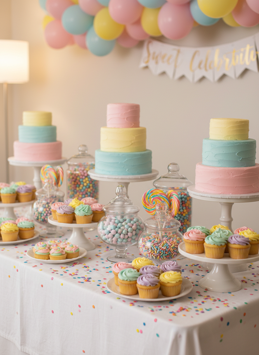A lavish dessert table overflowing with custom treats, featuring towering multi-tiered pound cakes with smooth buttercream, rows of neatly arranged cupcakes with swirled pastel frosting, and glass apothecary jars filled with colorful candies. The table is draped in a crisp white linen with playful confetti sprinkles scattered across the surface. In the background, soft-focus pastel balloon garlands and a simple “Sweet Celebration” banner add to the party vibe. Warm, diffused studio lighting creates gentle highlights on glossy icing and glass surfaces, with soft shadows under cake stands. Photographic realism, shot at eye level with a shallow depth of field, emphasizing a joyful, playful atmosphere perfect for a party-ready bakery brand hero image.