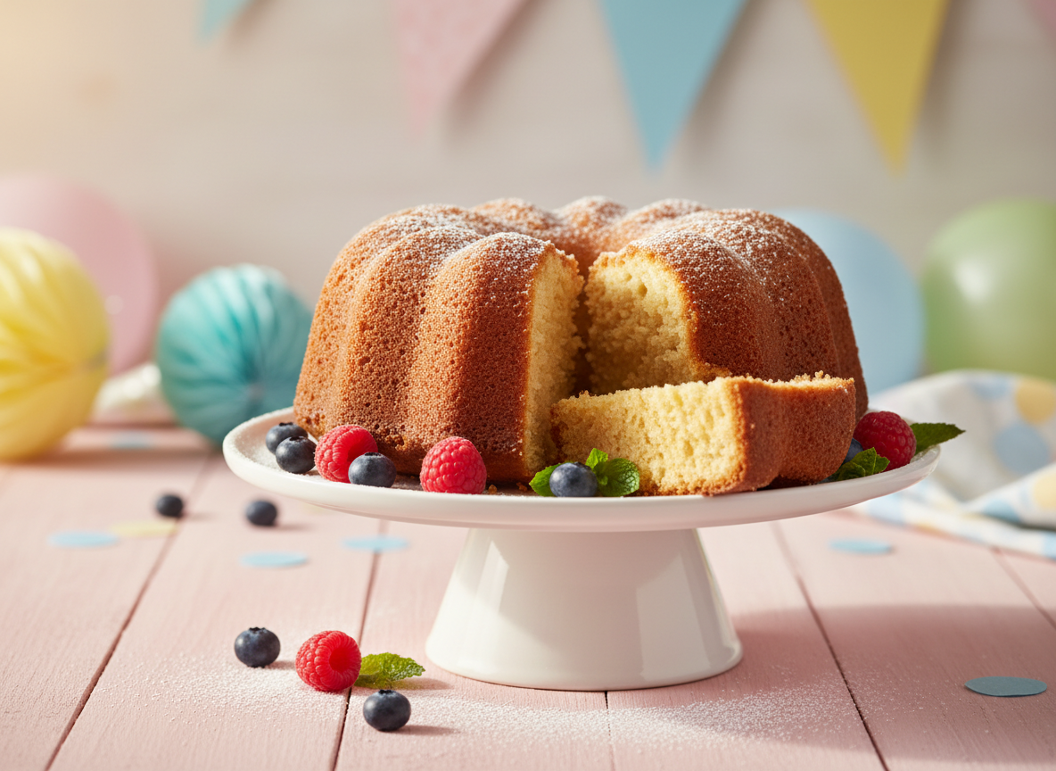 An inviting close-up of a golden-brown homemade pound cake, sliced to reveal its dense, velvety crumb and slightly crisp, caramelized edges. The cake rests on a matte white ceramic cake stand with a simple pedestal base, set on a pale pink wooden tabletop. A few fresh berries and a light dusting of powdered sugar are scattered around, adding playful pops of color. Soft morning light streams in from the left, creating delicate highlights on the cake’s surface and a gentle shadow that grounds the stand. The composition uses rule of thirds with a shallow depth of field, leaving the background softly blurred with hints of pastel party decor. Photographic realism with a cozy, homemade, yet polished feel.