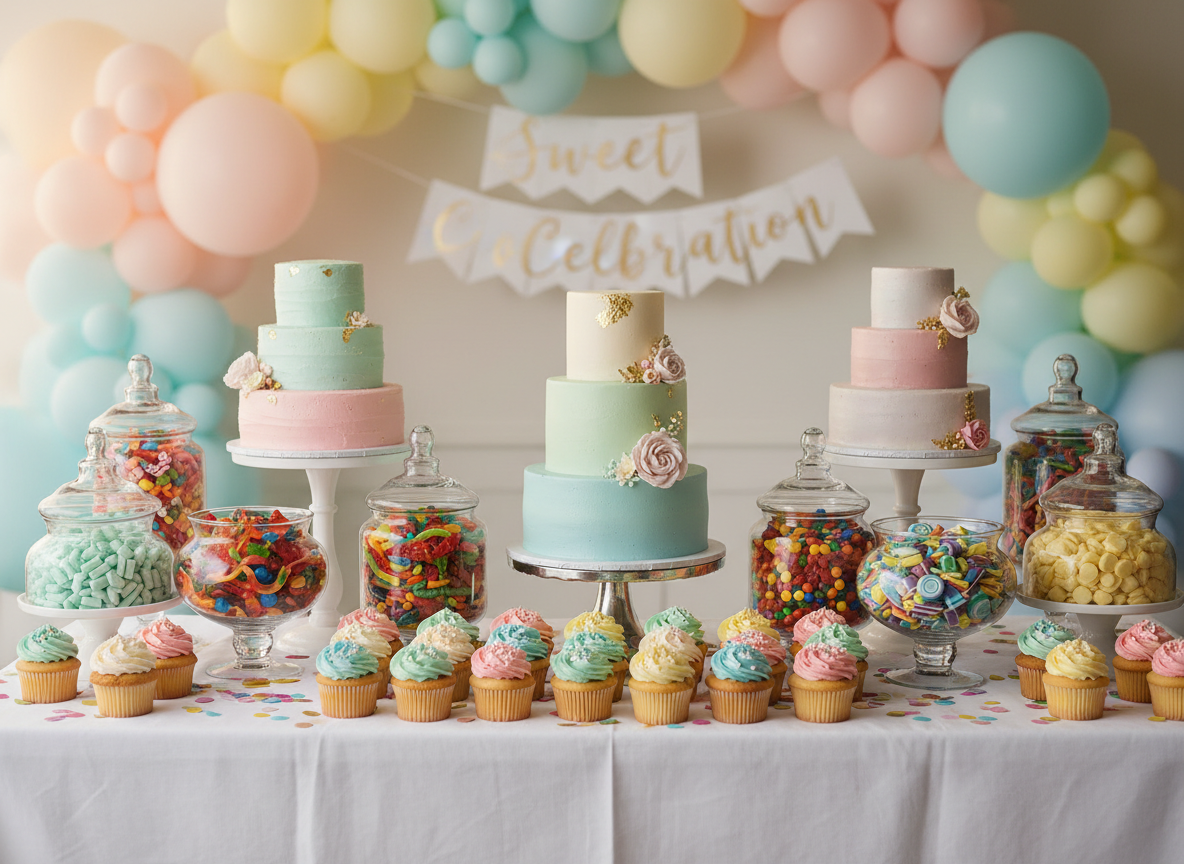 A lavish dessert table overflowing with custom treats, featuring towering multi-tiered pound cakes with smooth buttercream, rows of neatly arranged cupcakes with swirled pastel frosting, and glass apothecary jars filled with colorful candies. The table is draped in a crisp white linen with playful confetti sprinkles scattered across the surface. In the background, soft-focus pastel balloon garlands and a simple “Sweet Celebration” banner add to the party vibe. Warm, diffused studio lighting creates gentle highlights on glossy icing and glass surfaces, with soft shadows under cake stands. Photographic realism, shot at eye level with a shallow depth of field, emphasizing a joyful, playful atmosphere perfect for a party-ready bakery brand hero image.